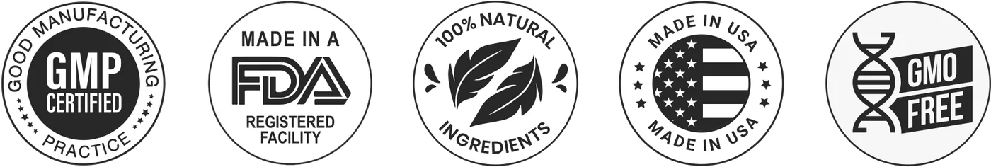 FoliPrime certifications: GMP certified, FDA registered facility, 100% natural, made in USA, GMO free