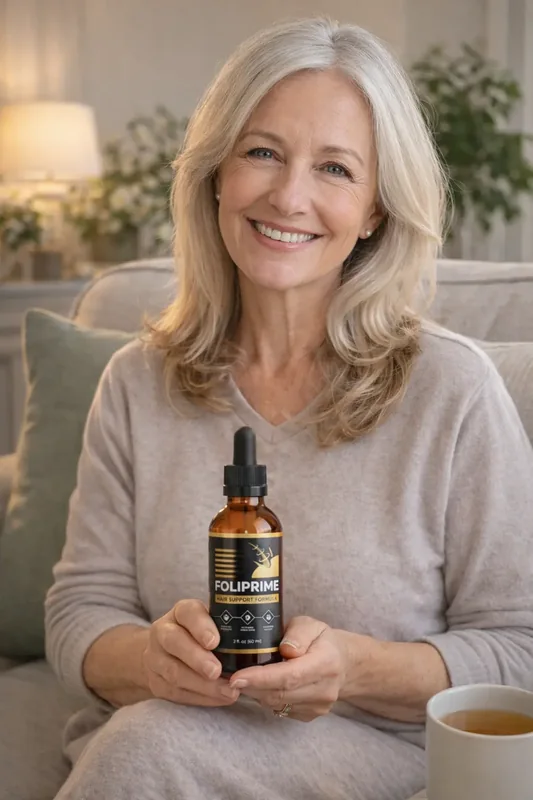 FoliPrime user Lisa holding the hair support formula