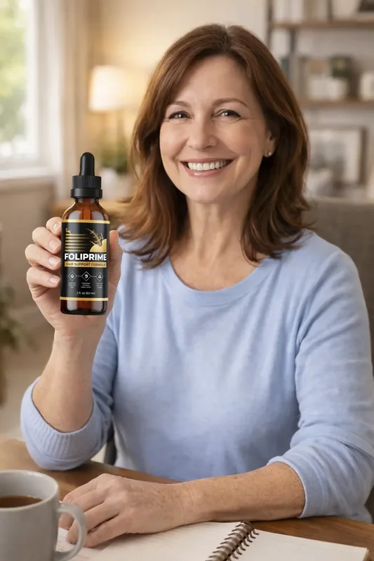 FoliPrime user Sarah holding the hair support formula